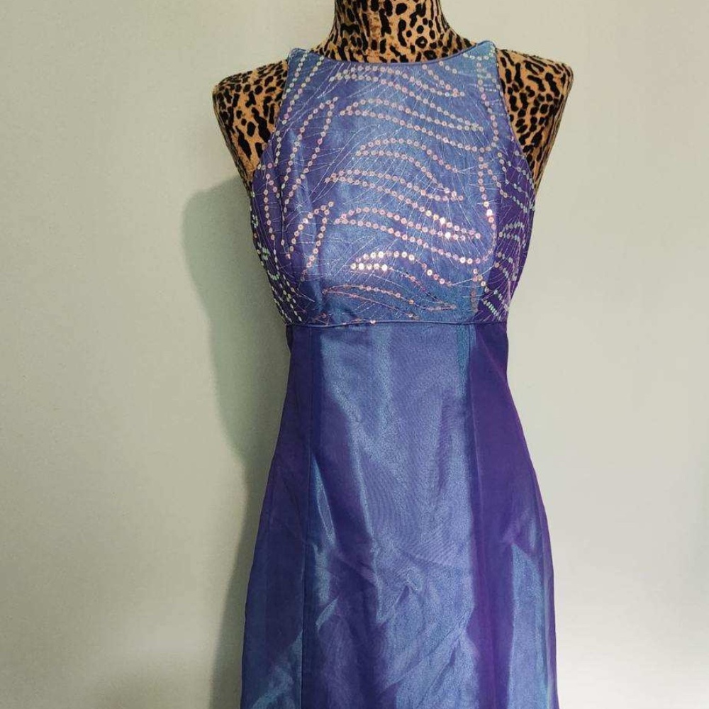 Vintage 2000s Maxi Purple blue high neck dress sequin lace up back size 8